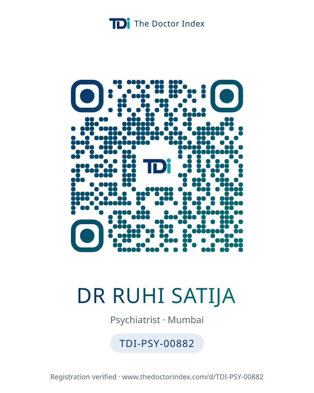 QR card for Dr Ruhi Satija, TDI-PSY-00882