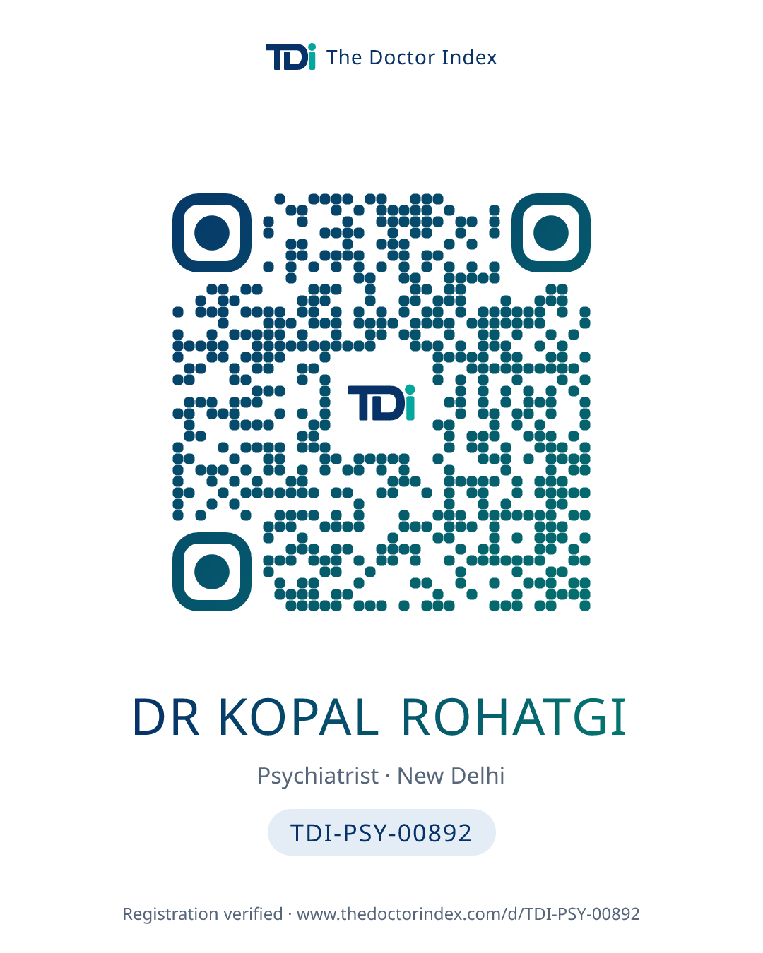 QR card for Dr Kopal Rohatgi, TDI-PSY-00892