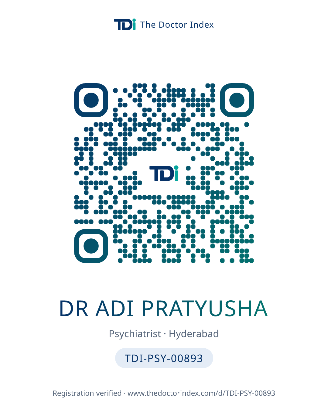 QR card for Dr Adi Pratyusha, TDI-PSY-00893