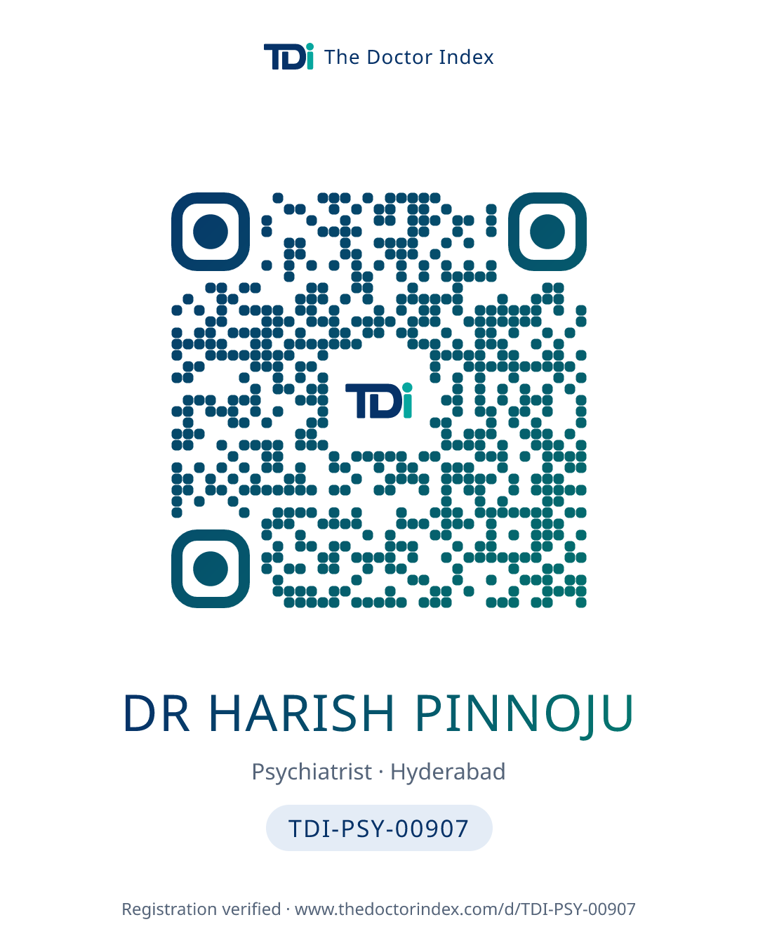 QR card for Dr Harish Pinnoju, TDI-PSY-00907
