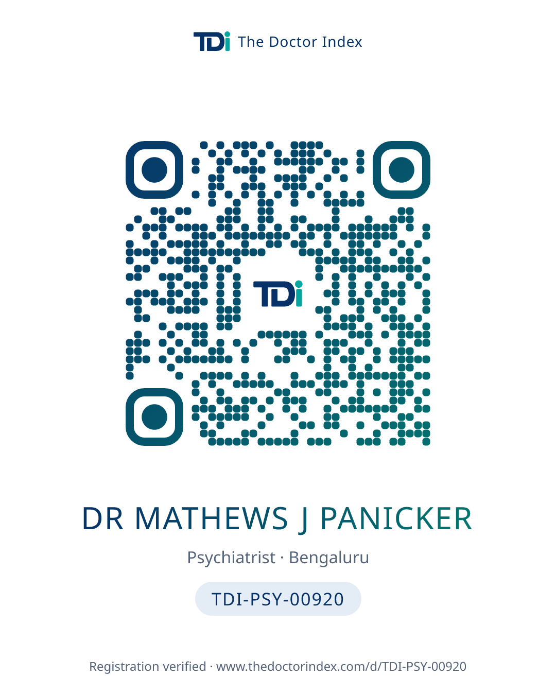QR card for Dr Mathews J Panicker, TDI-PSY-00920