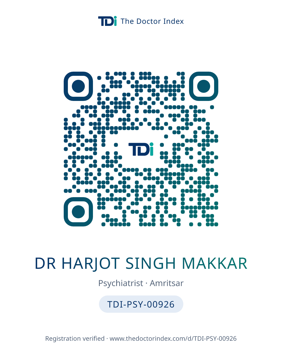 QR card for Dr Harjot Singh Makkar, TDI-PSY-00926
