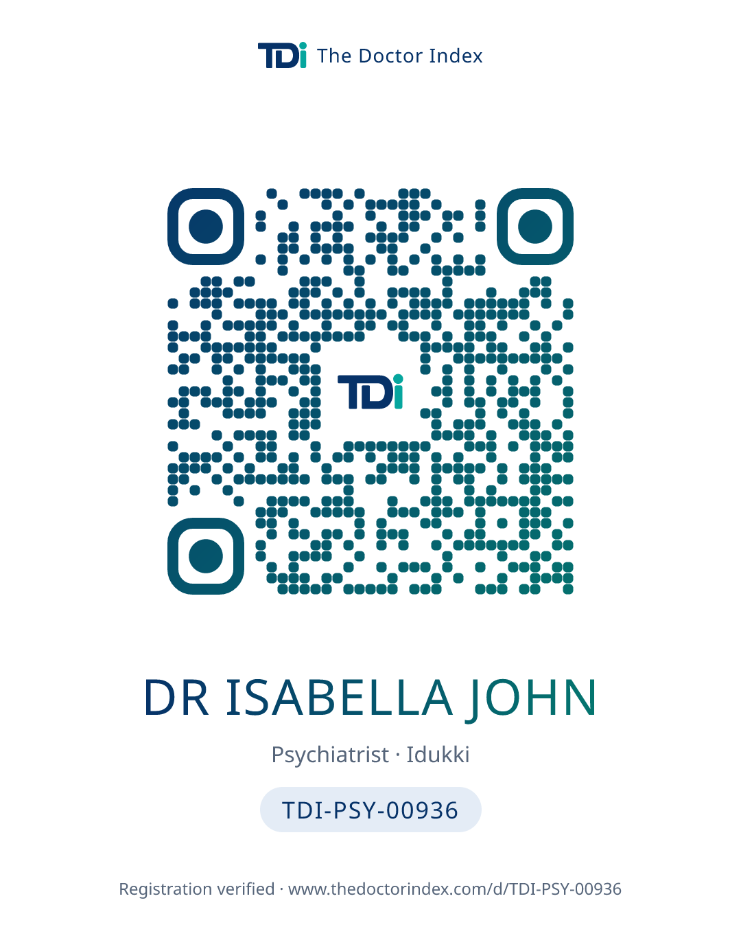 QR card for Dr Isabella John, TDI-PSY-00936