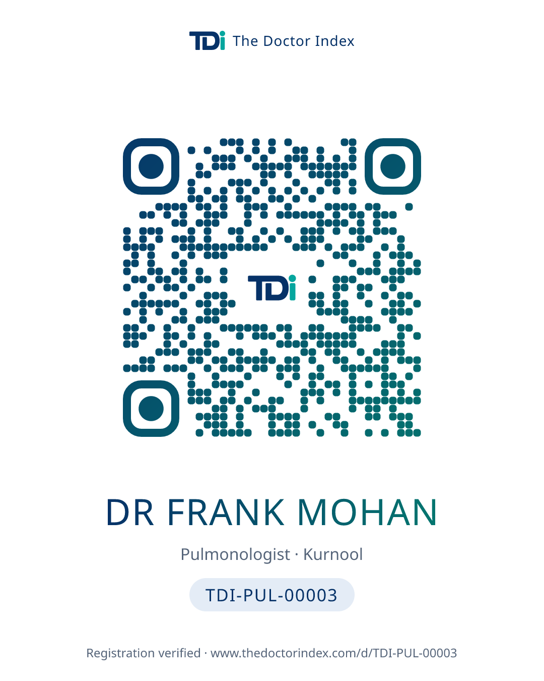 QR card for Dr Frank Mohan, TDI-PUL-00003