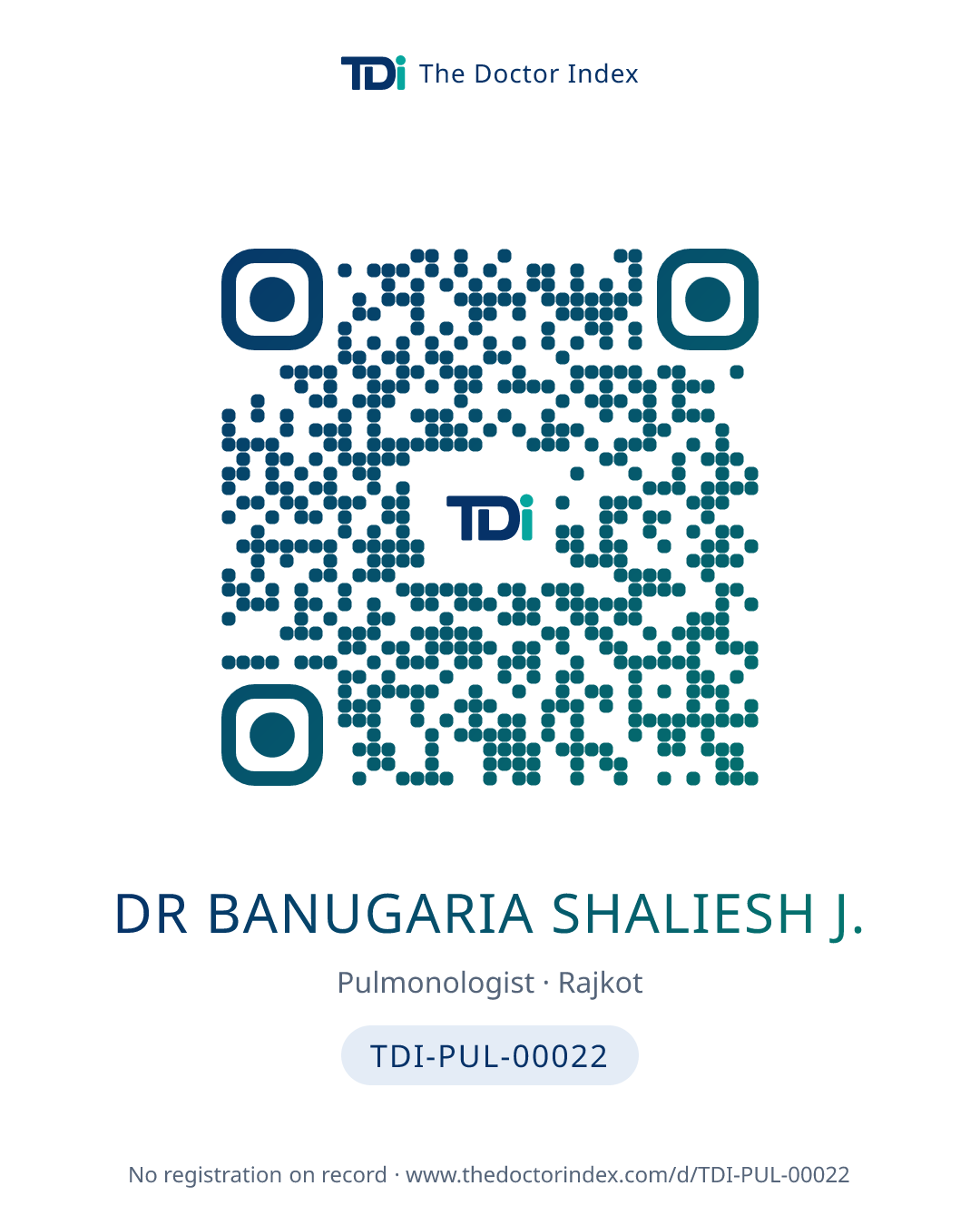 QR card for Dr Banugaria Shaliesh J., TDI-PUL-00022