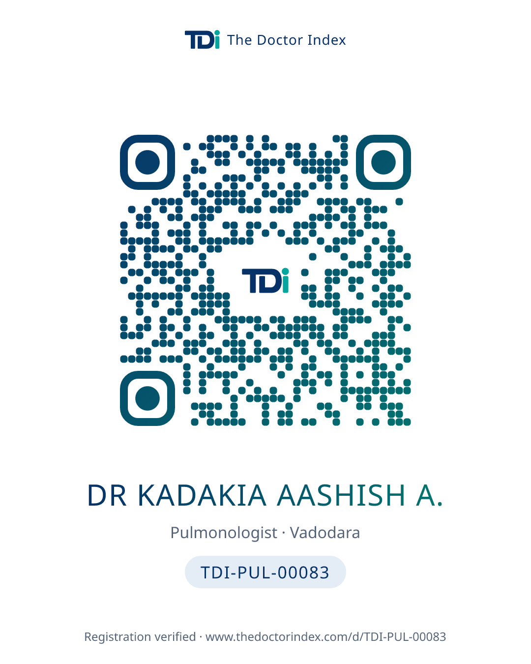 QR card for Dr Kadakia Aashish A., TDI-PUL-00083