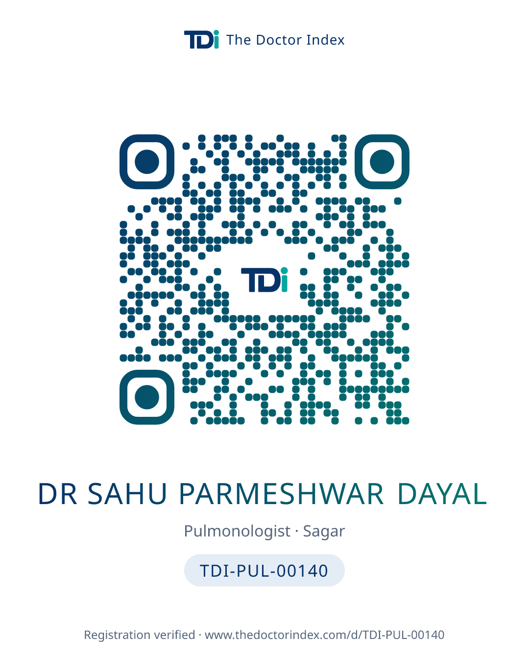 QR card for Dr Sahu Parmeshwar Dayal, TDI-PUL-00140