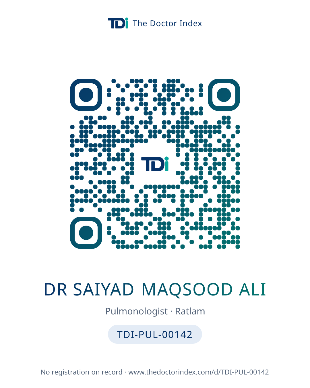 QR card for Dr Saiyad Maqsood Ali, TDI-PUL-00142