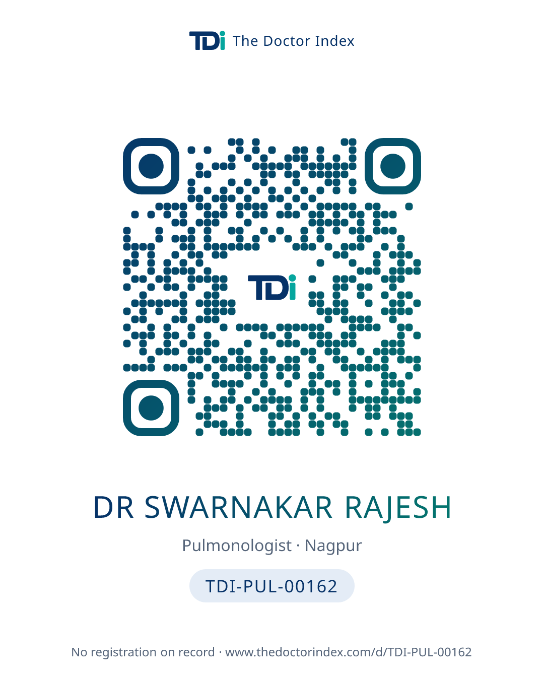 QR card for Dr Swarnakar Rajesh, TDI-PUL-00162