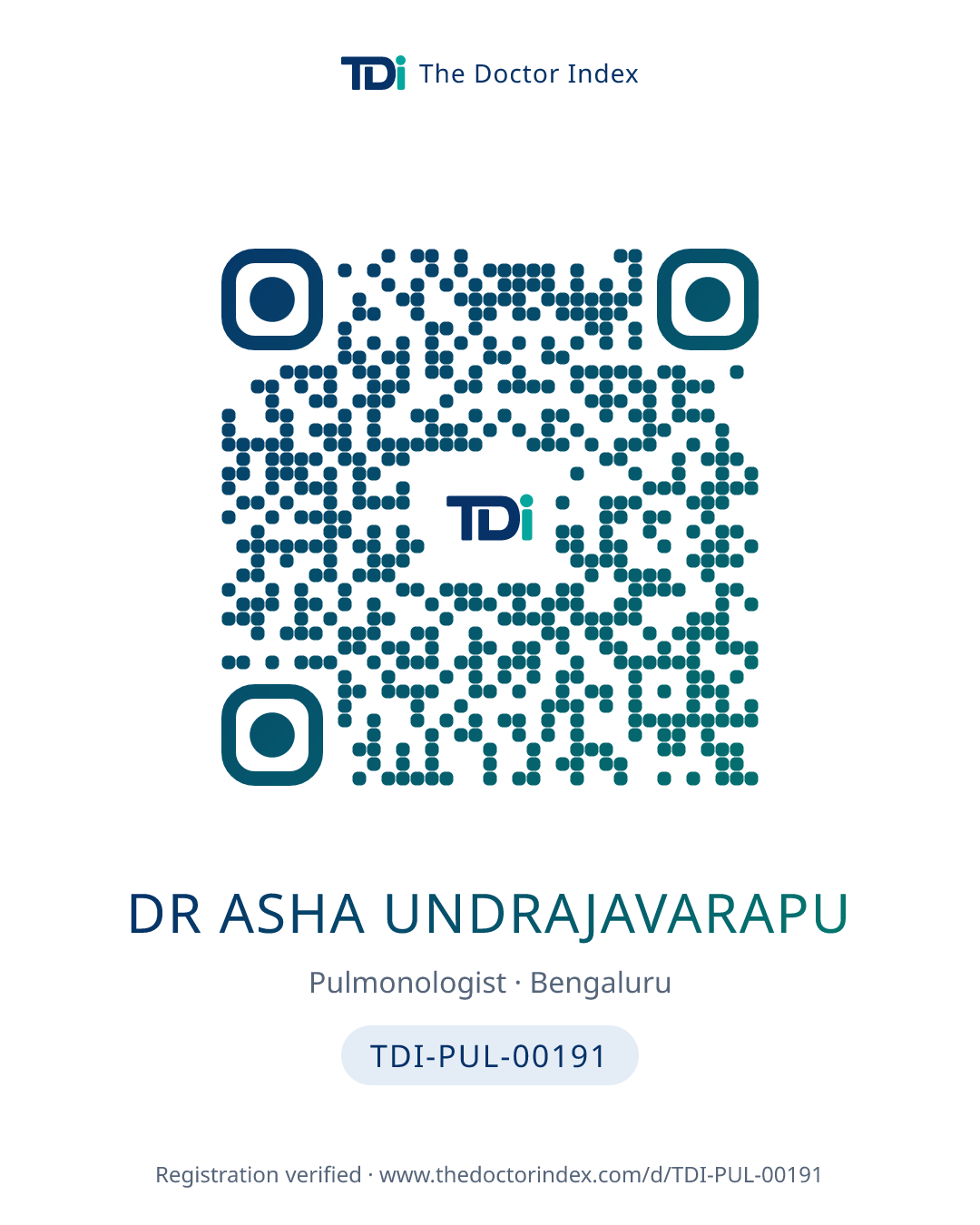 QR card for Dr Asha Undrajavarapu, TDI-PUL-00191