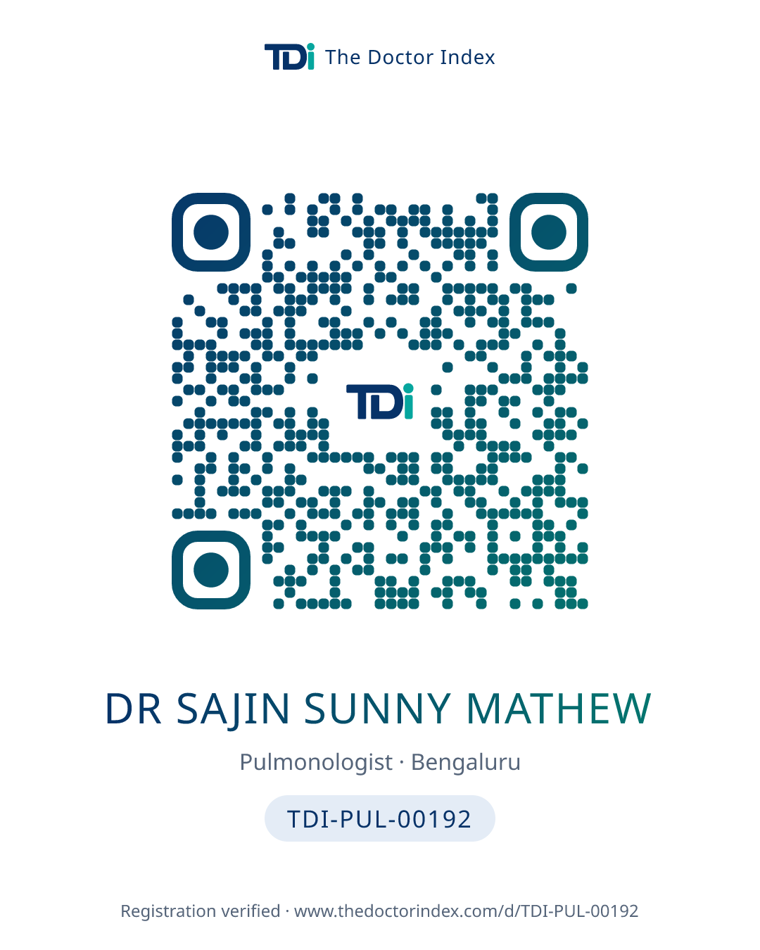 QR card for Dr Sajin Sunny Mathew, TDI-PUL-00192