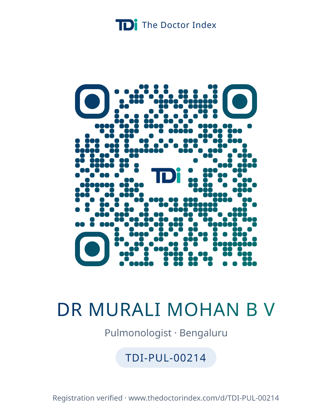 QR card for Dr Murali Mohan B V, TDI-PUL-00214
