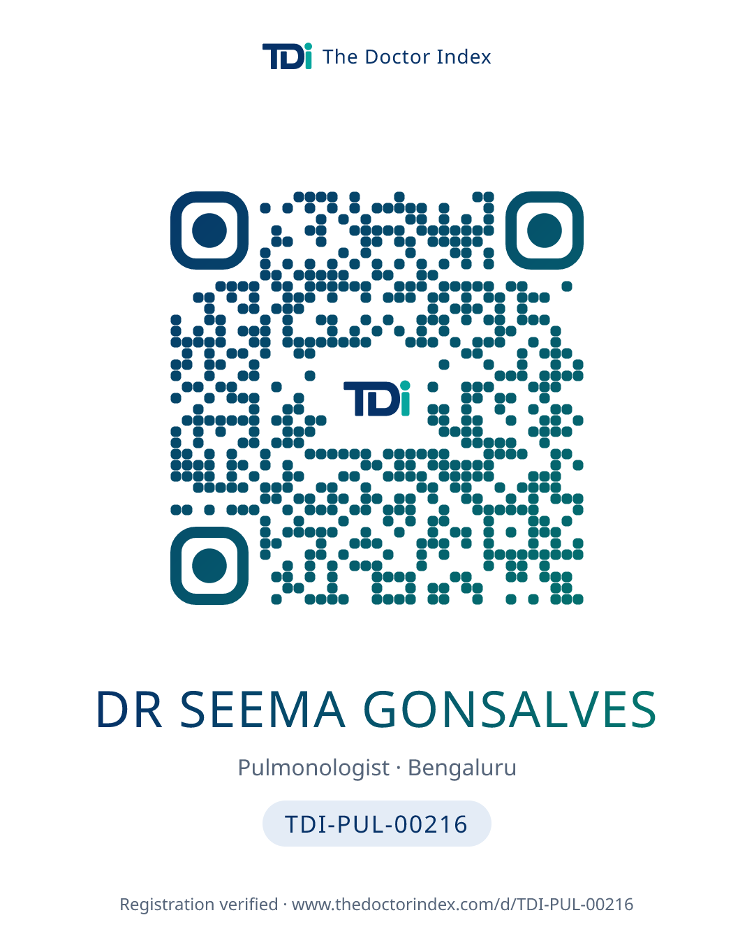 QR card for Dr SEEMA GONSALVES, TDI-PUL-00216
