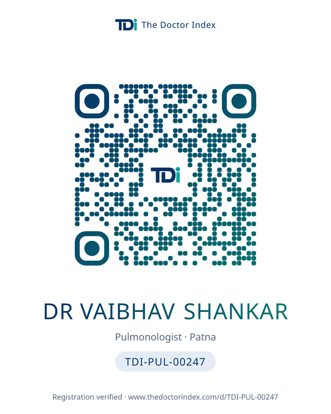 QR card for Dr Vaibhav Shankar, TDI-PUL-00247