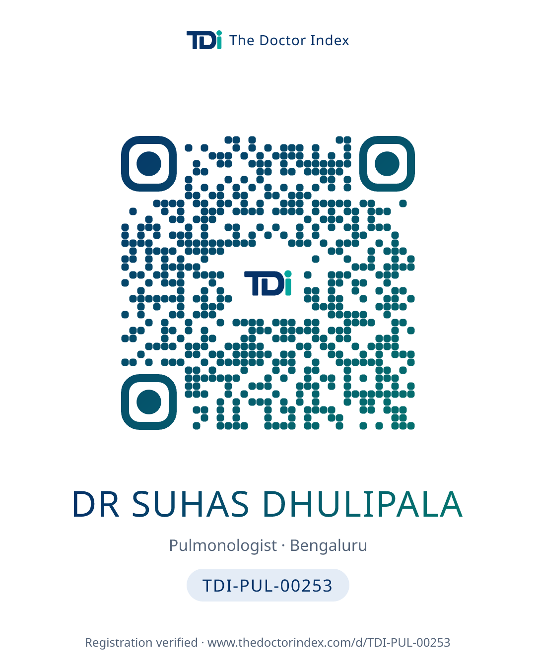 QR card for Dr Suhas Dhulipala, TDI-PUL-00253