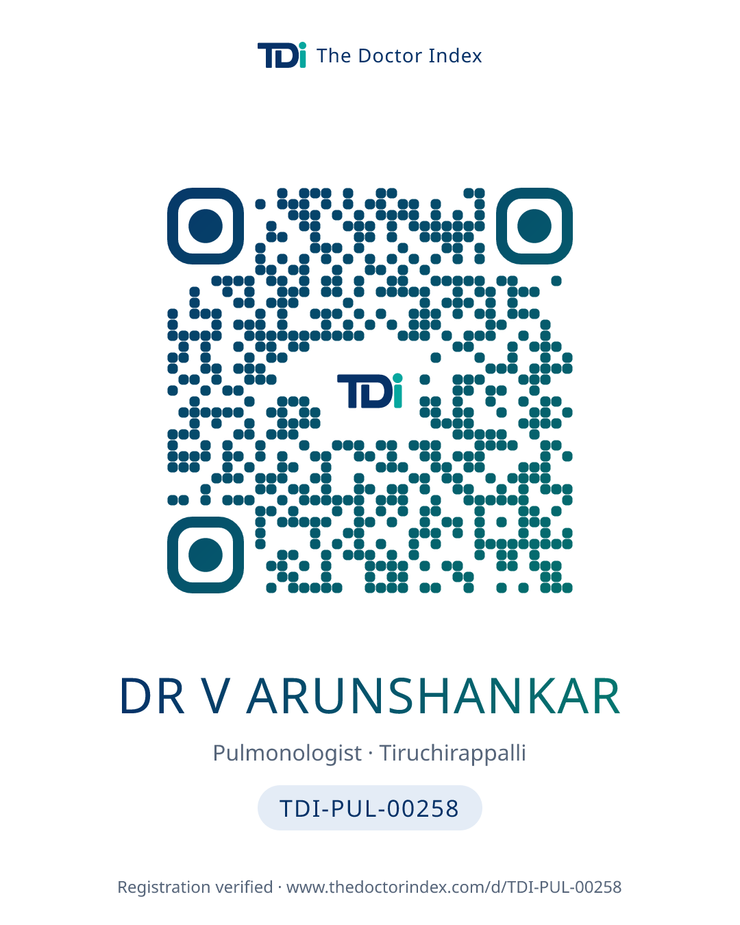 QR card for Dr V Arunshankar, TDI-PUL-00258