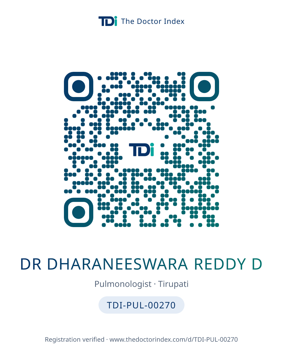 QR card for Dr Dharaneeswara Reddy D, TDI-PUL-00270