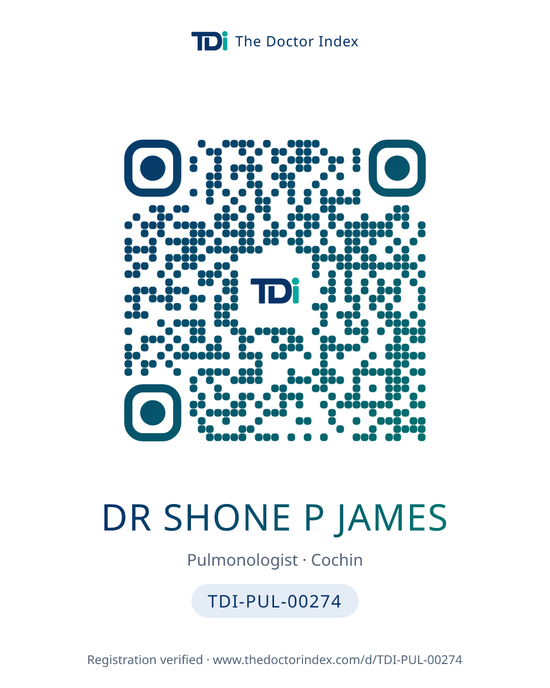 QR card for Dr Shone P James, TDI-PUL-00274
