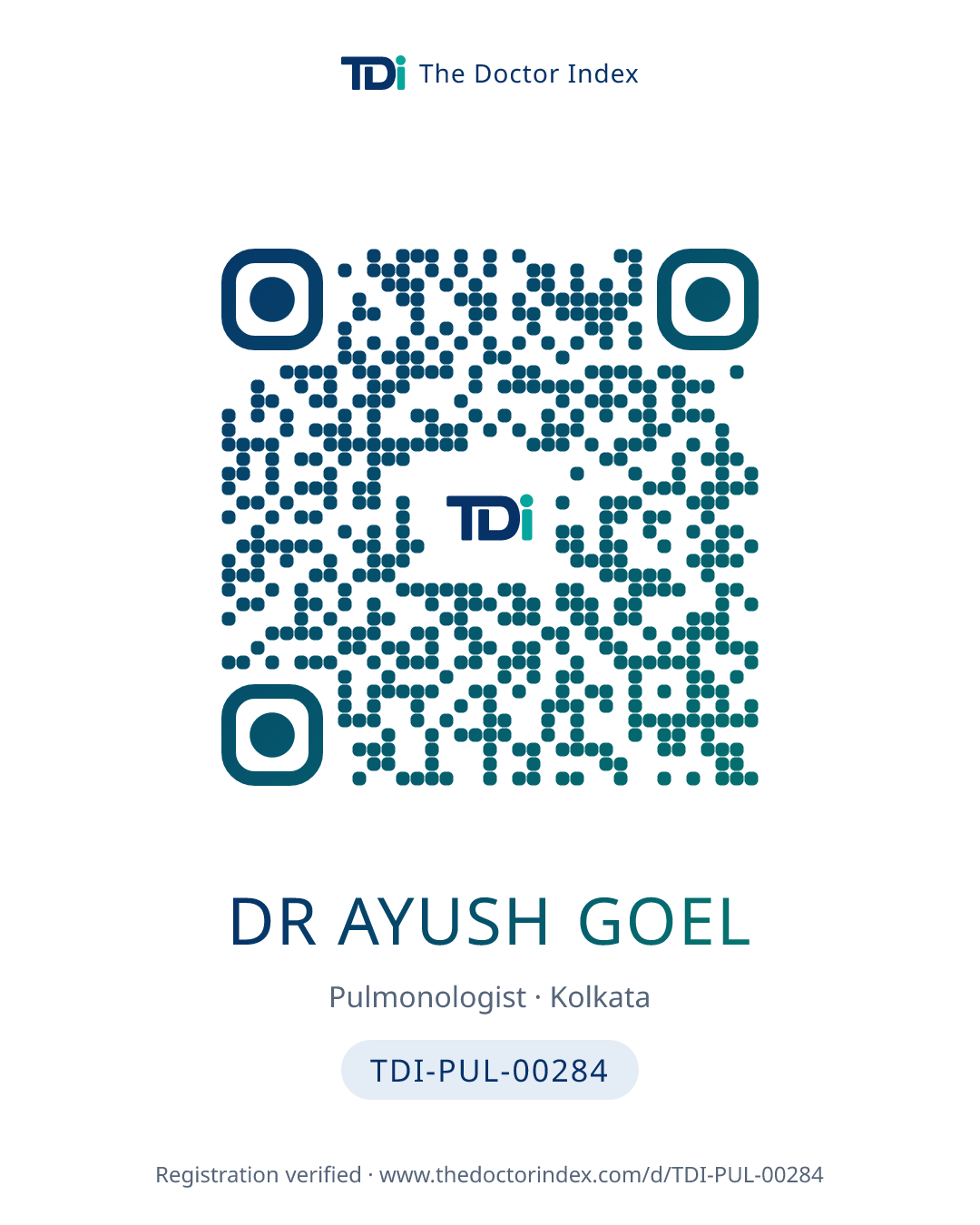 QR card for Dr Ayush Goel, TDI-PUL-00284