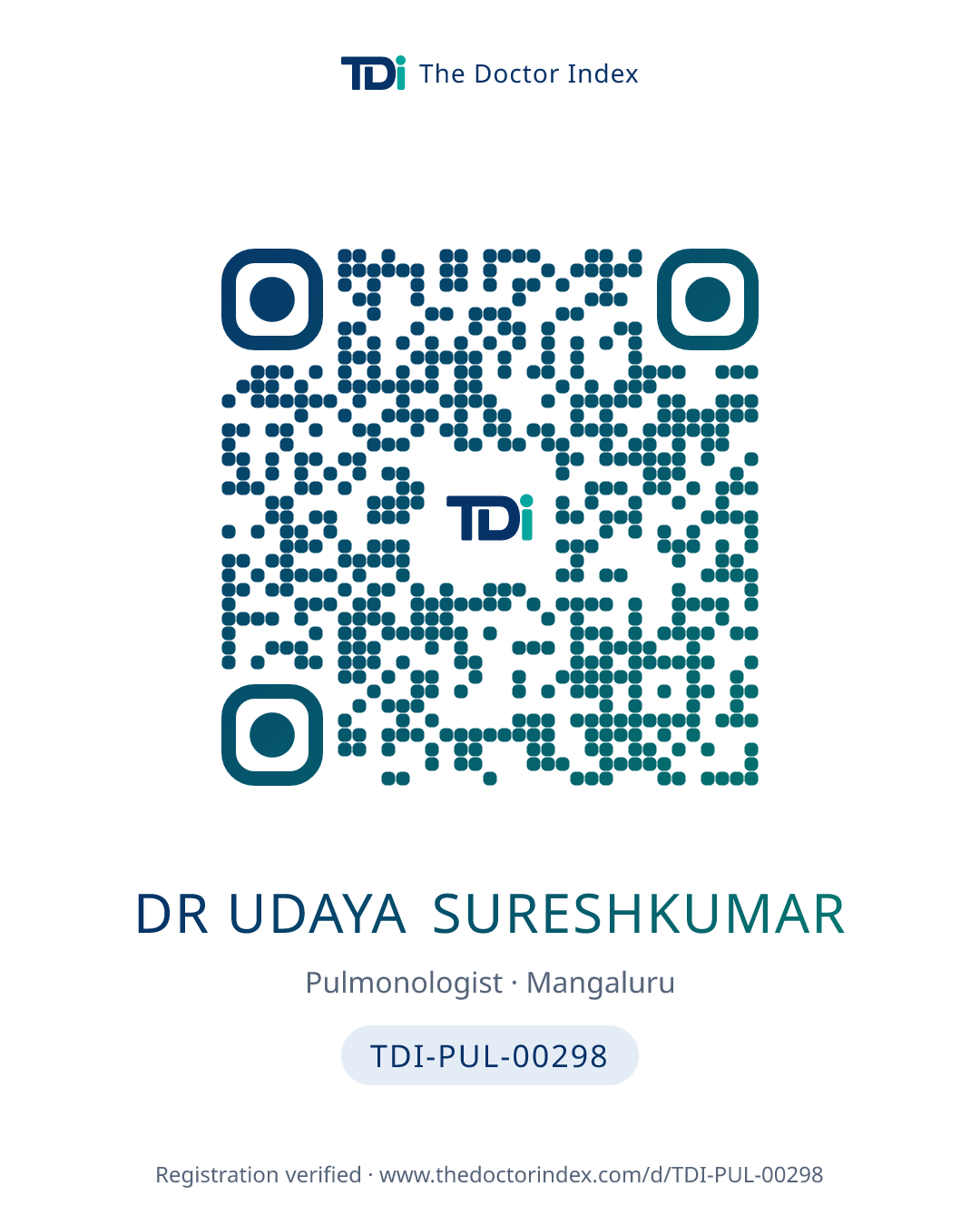 QR card for Dr Udaya Sureshkumar, TDI-PUL-00298