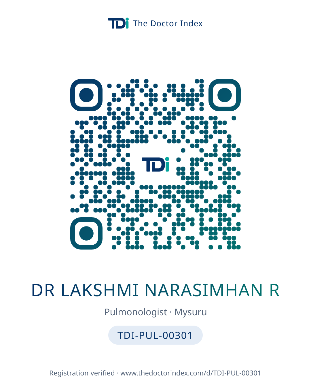 QR card for Dr Lakshmi Narasimhan R, TDI-PUL-00301