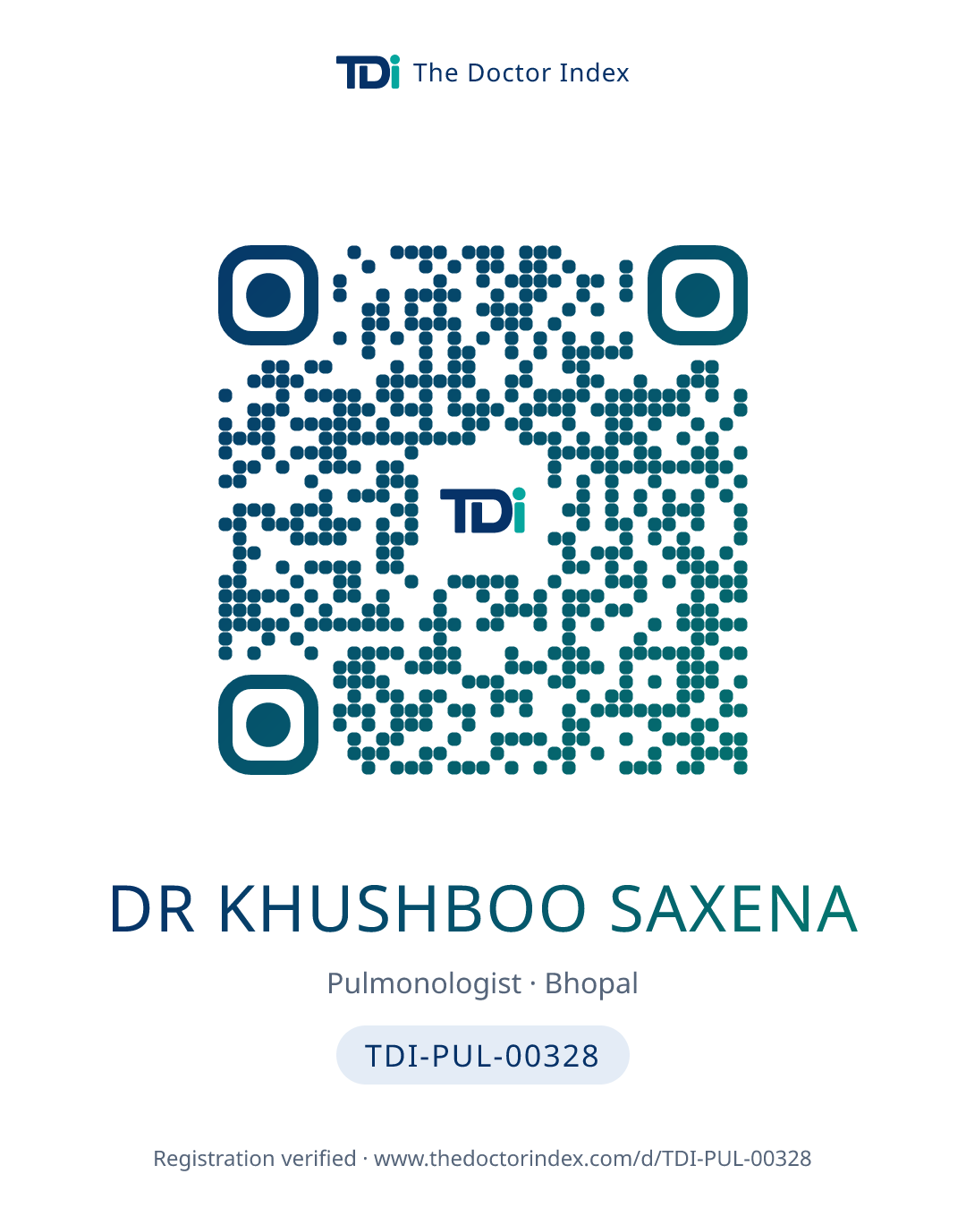 QR card for Dr Khushboo Saxena, TDI-PUL-00328
