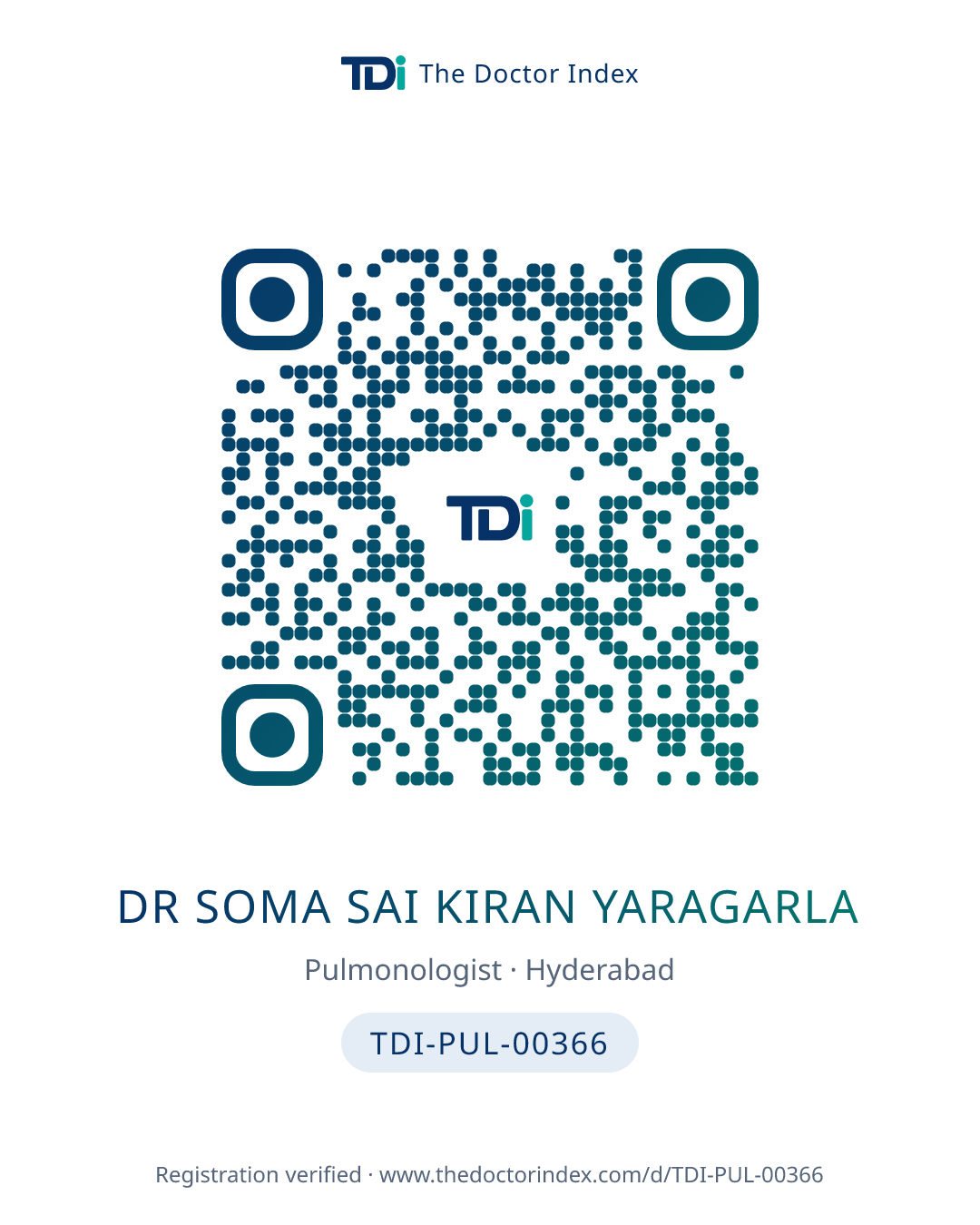 QR card for Dr Soma Sai Kiran Yaragarla, TDI-PUL-00366