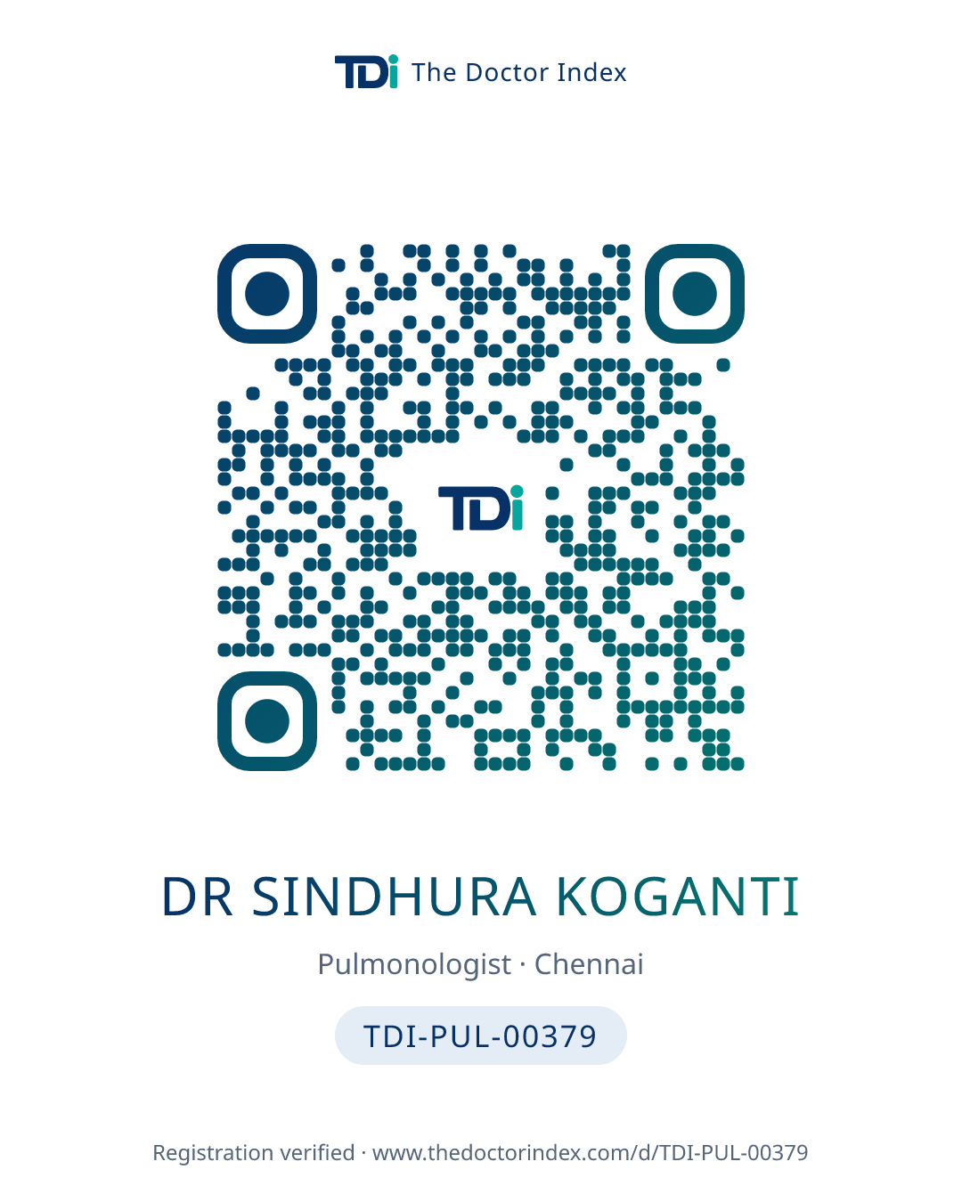 QR card for Dr Sindhura Koganti, TDI-PUL-00379
