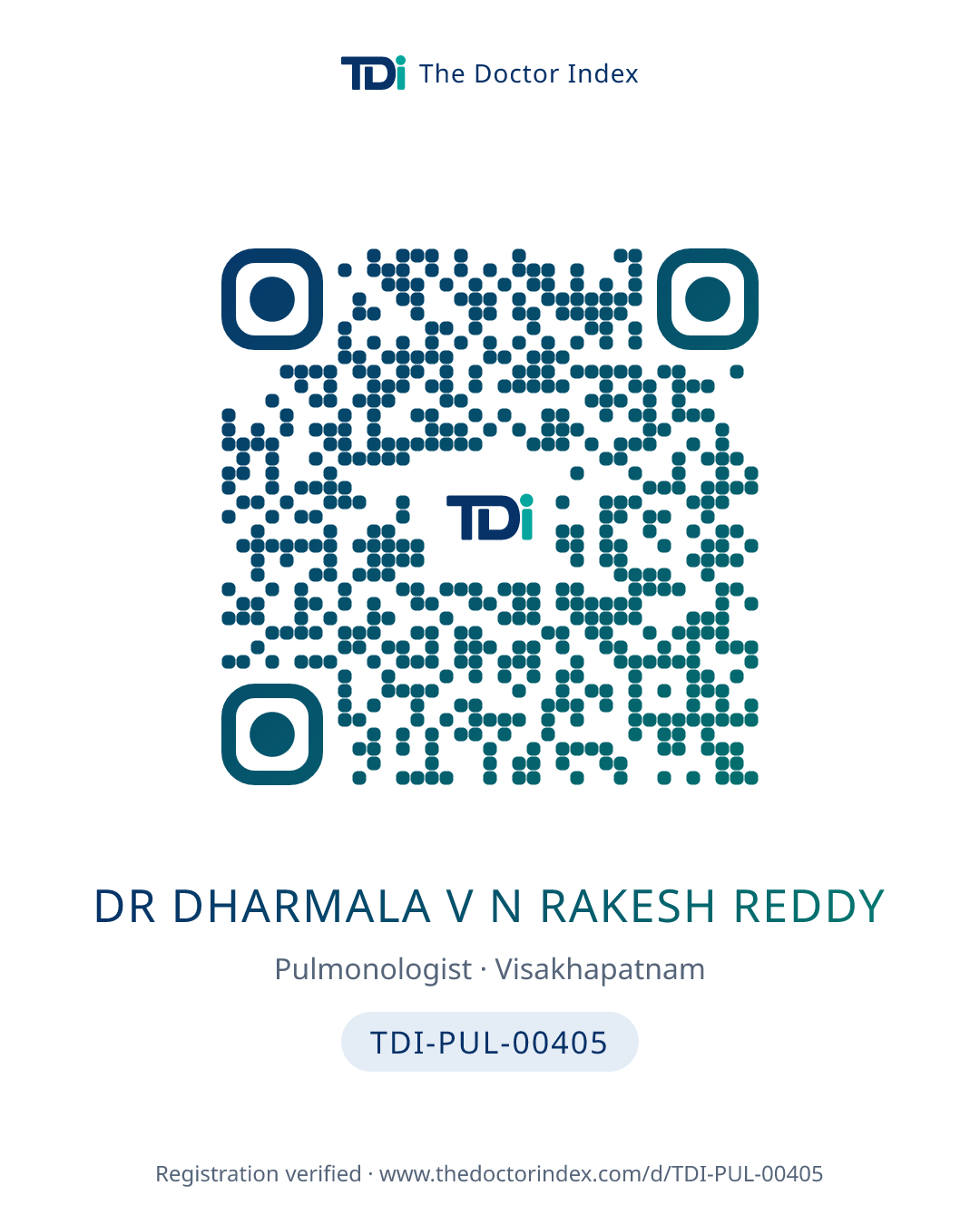 QR card for Dr Dharmala V N Rakesh Reddy, TDI-PUL-00405