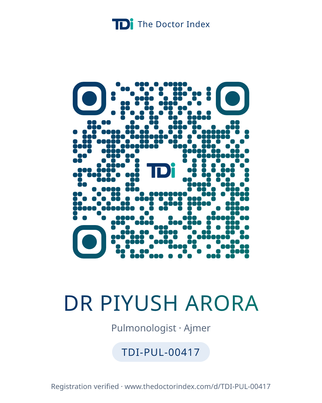 QR card for Dr Piyush Arora, TDI-PUL-00417