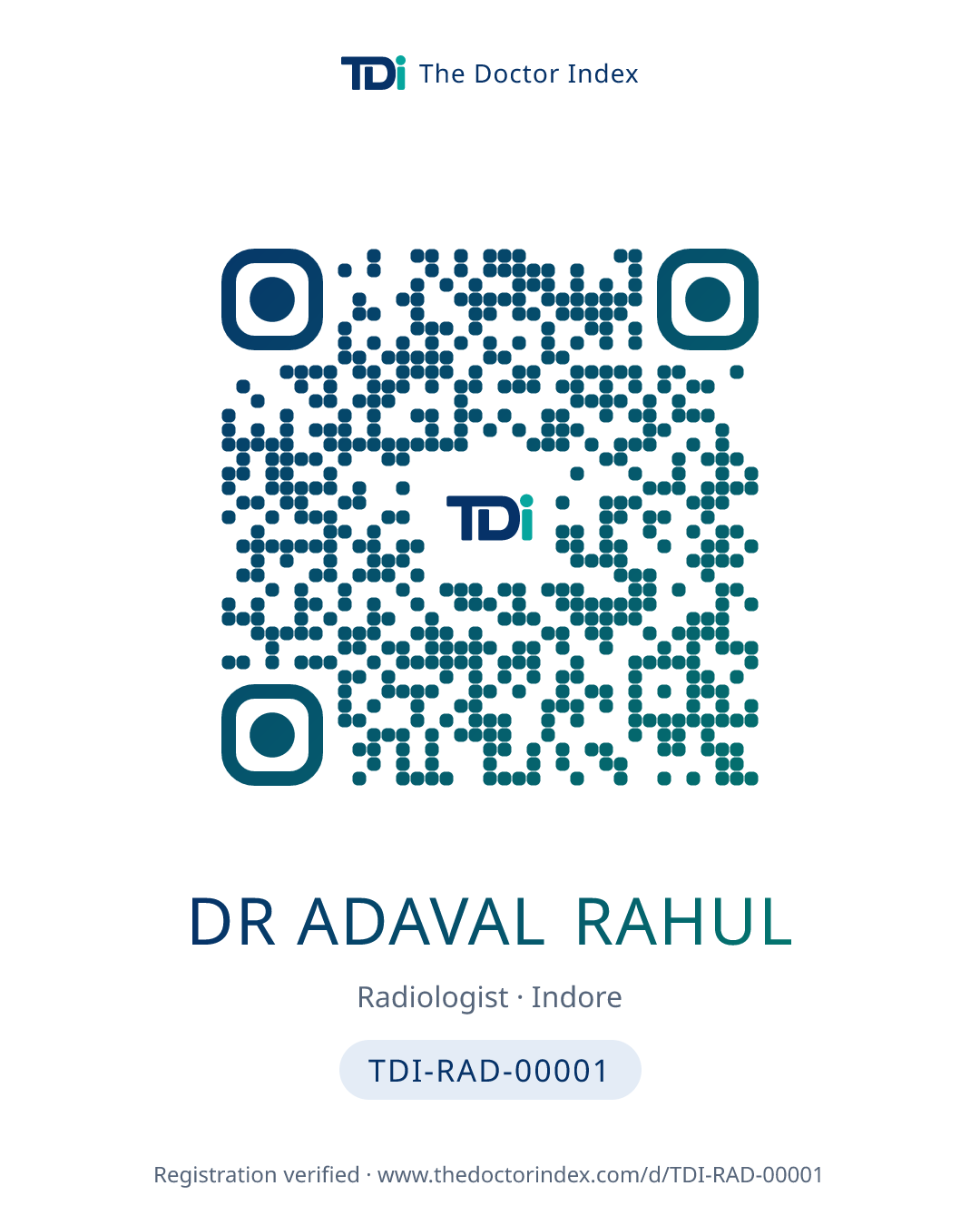 QR card for Dr Adaval Rahul, TDI-RAD-00001