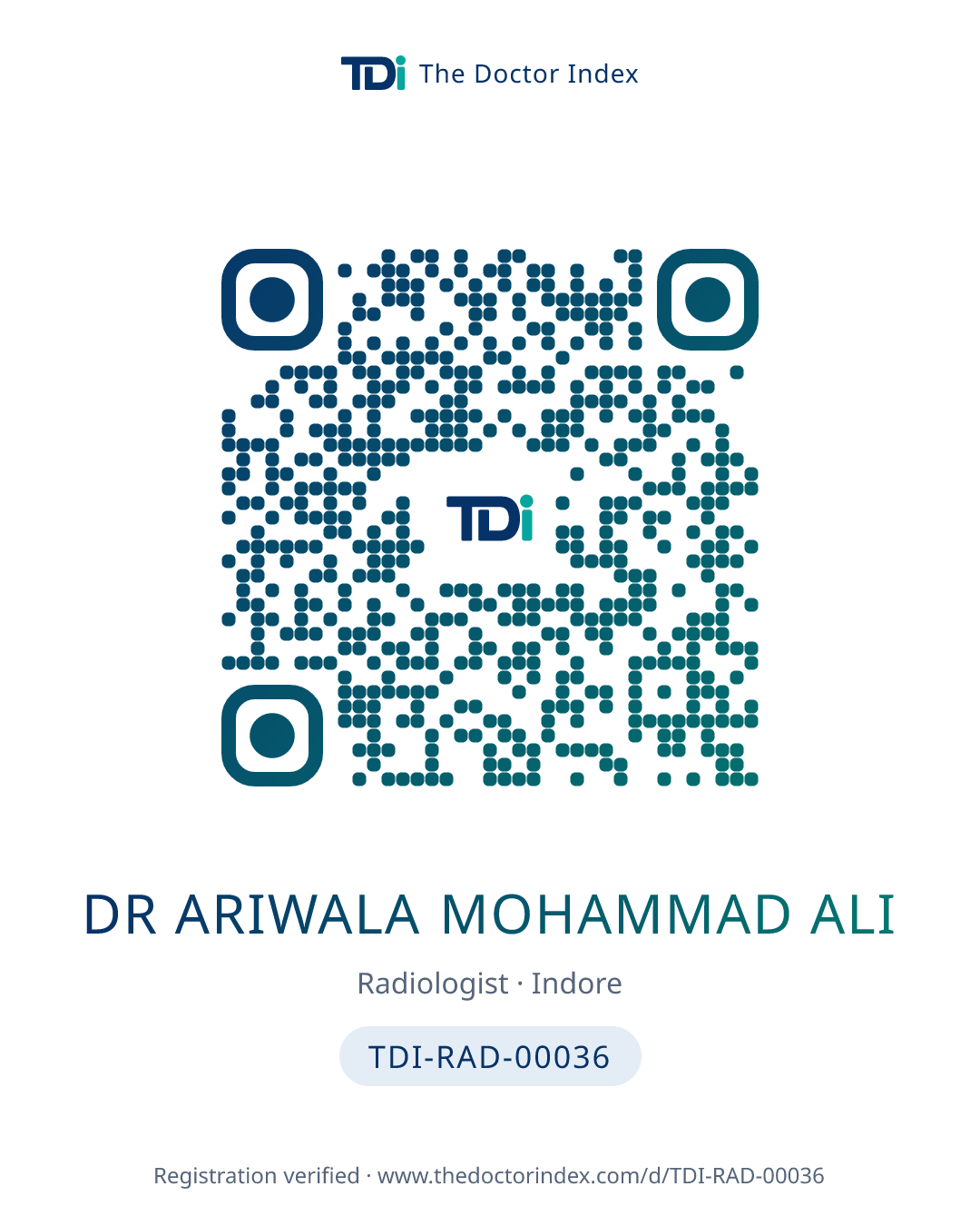QR card for Dr Ariwala Mohammad Ali, TDI-RAD-00036