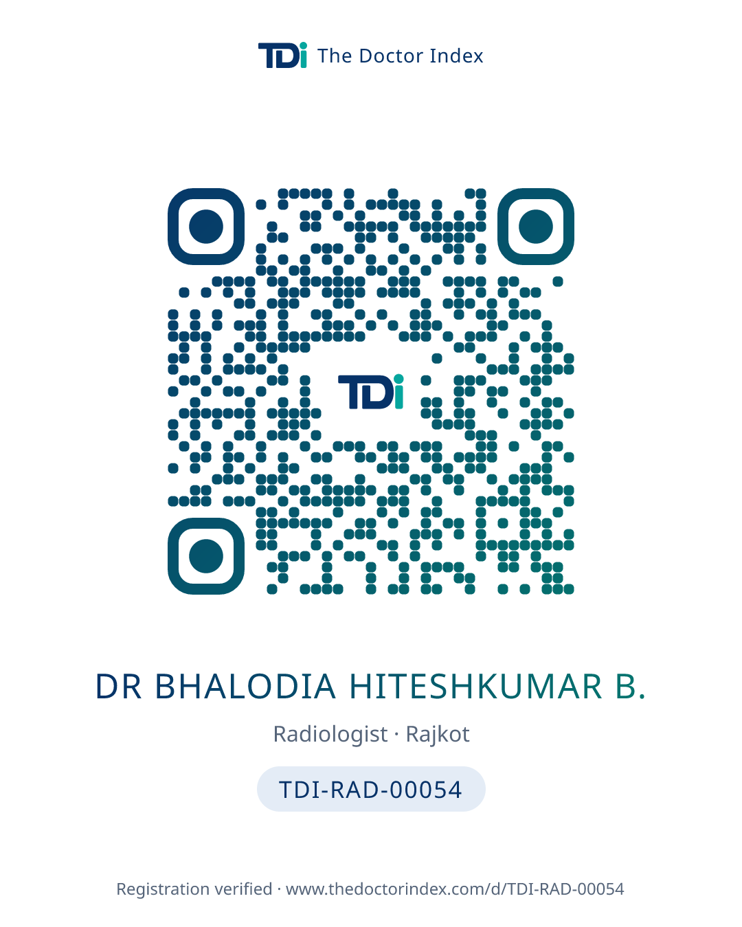 QR card for Dr Bhalodia Hiteshkumar B., TDI-RAD-00054