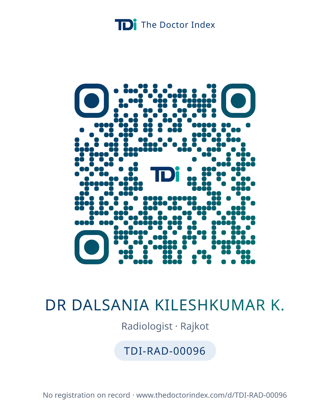 QR card for Dr Dalsania Kileshkumar K., TDI-RAD-00096