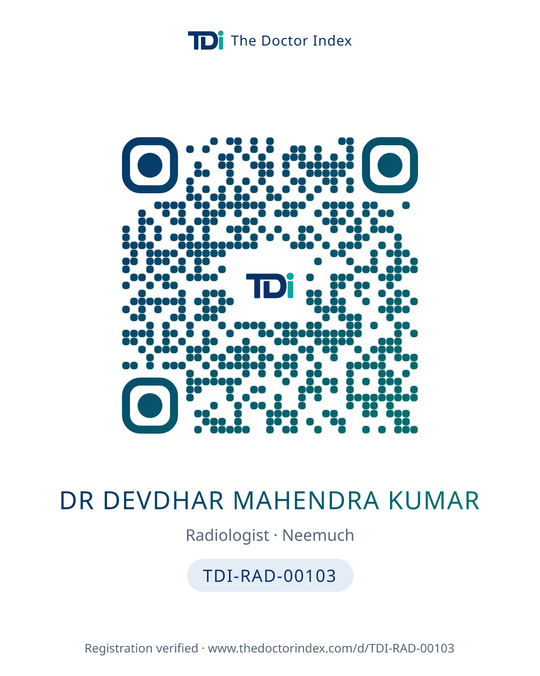 QR card for Dr Devdhar Mahendra Kumar, TDI-RAD-00103