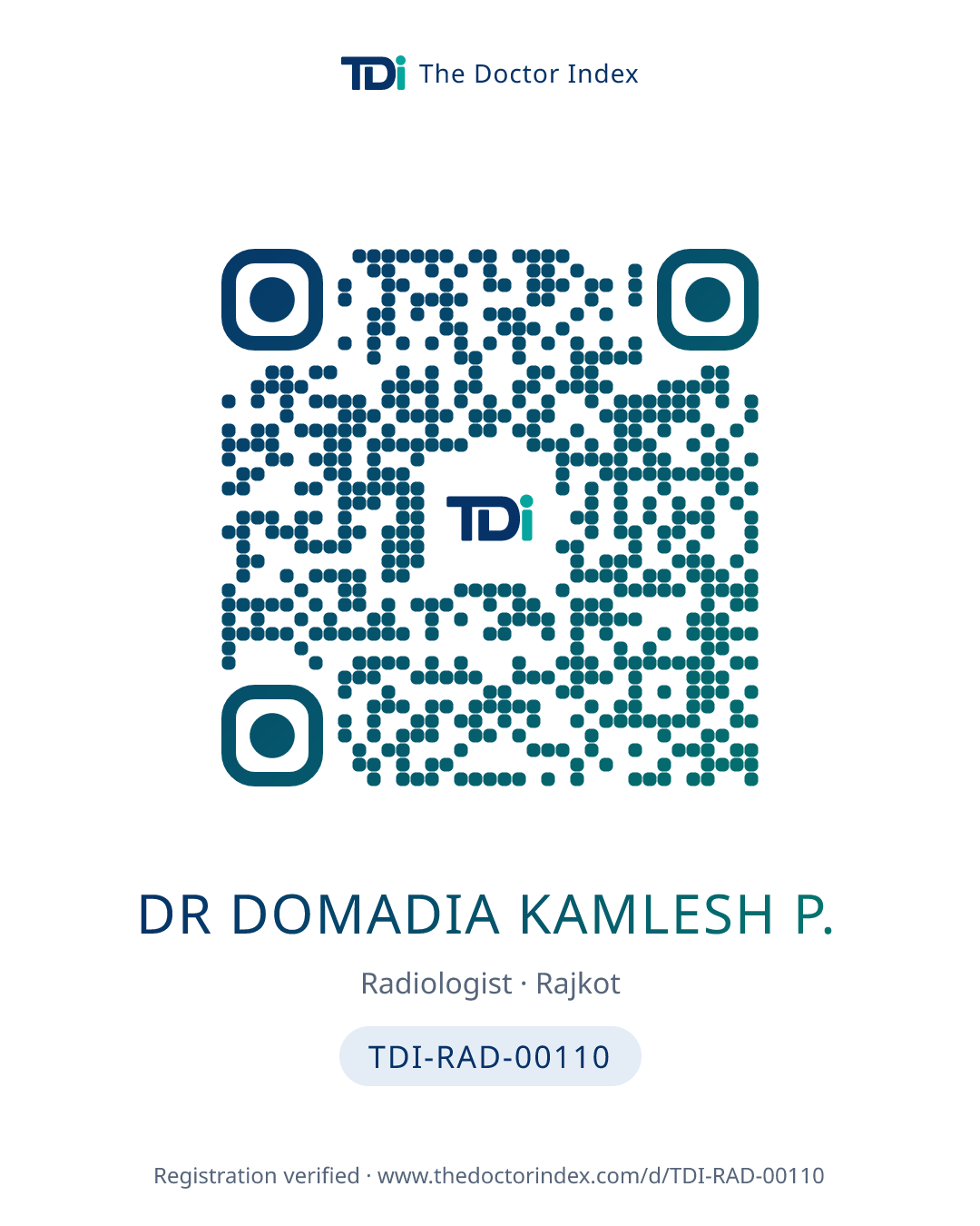 QR card for Dr Domadia Kamlesh P., TDI-RAD-00110