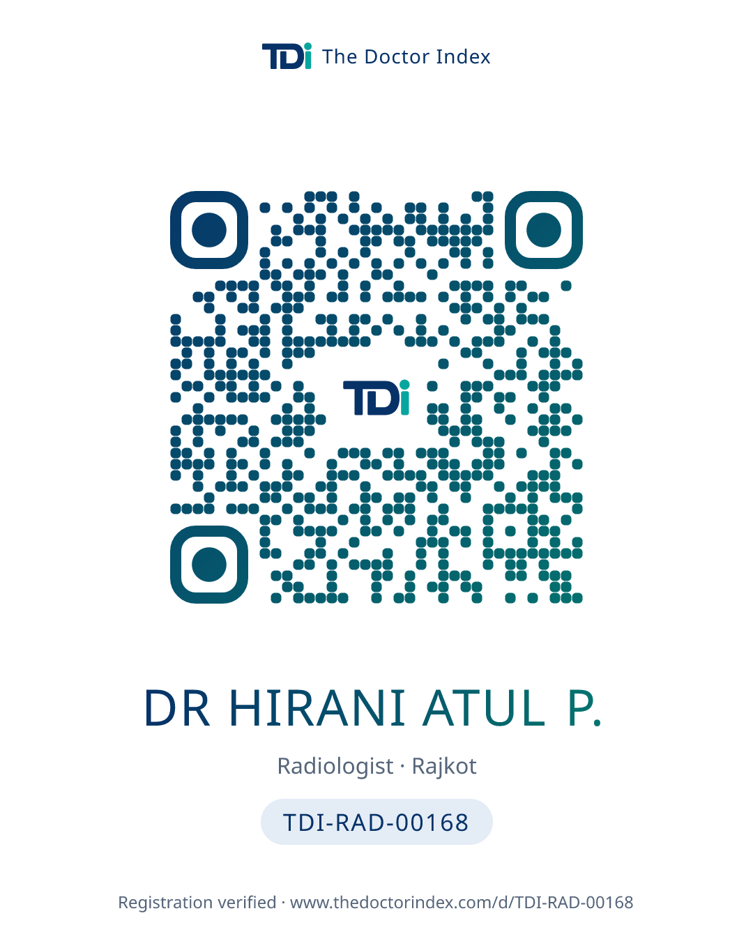QR card for Dr Hirani Atul P., TDI-RAD-00168