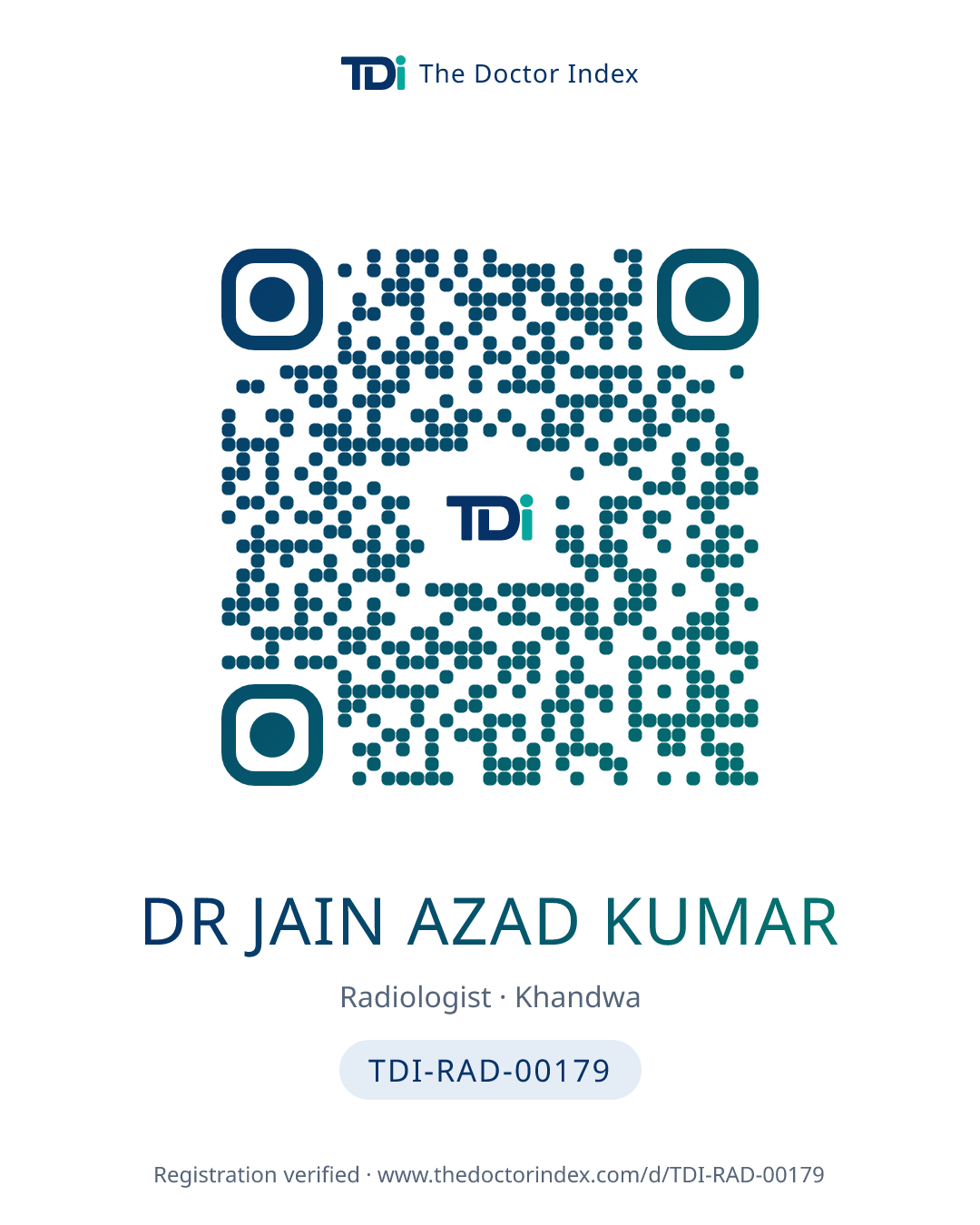 QR card for Dr Jain Azad Kumar, TDI-RAD-00179