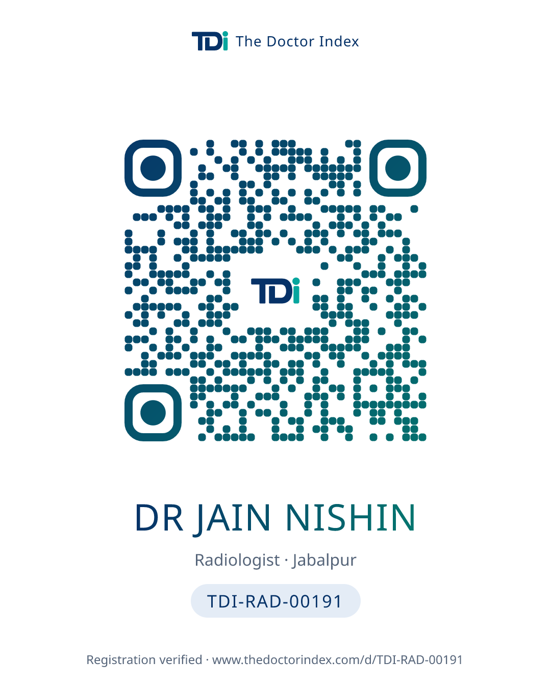 QR card for Dr Jain Nishin, TDI-RAD-00191