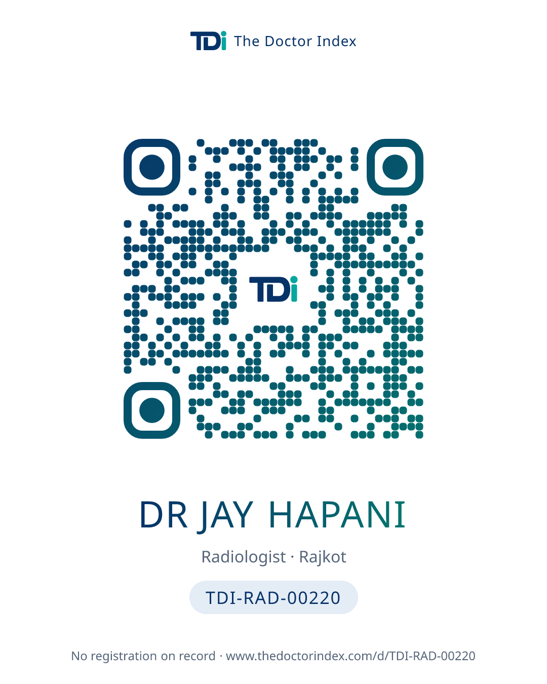 QR card for Dr Jay Hapani, TDI-RAD-00220