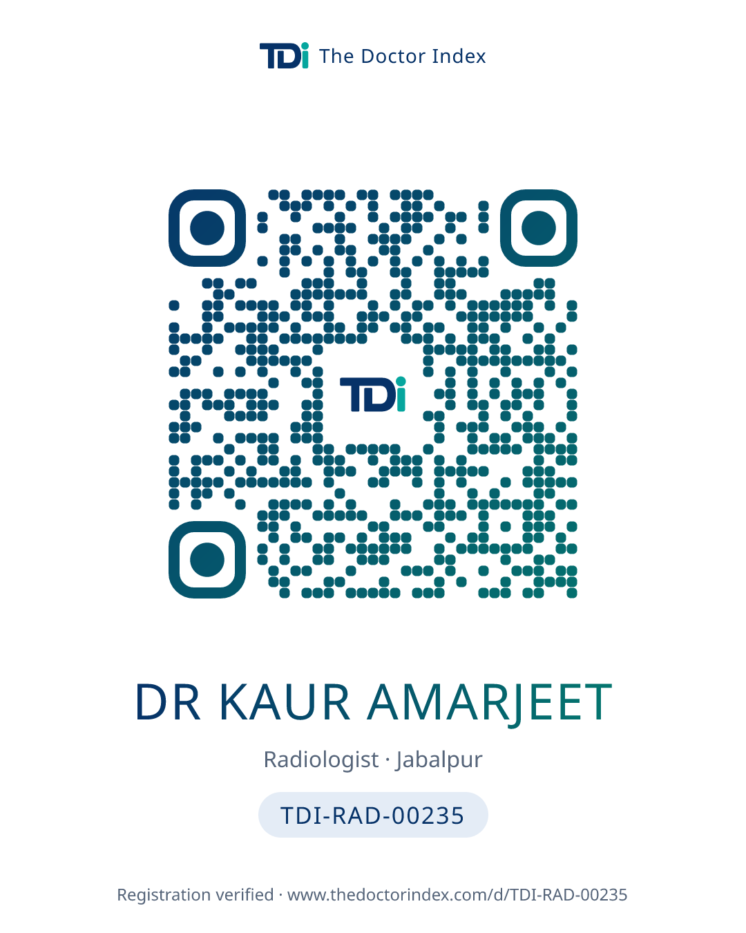 QR card for Dr Kaur Amarjeet, TDI-RAD-00235