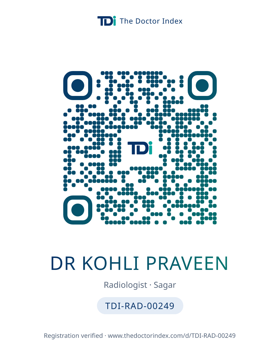 QR card for Dr Kohli Praveen, TDI-RAD-00249