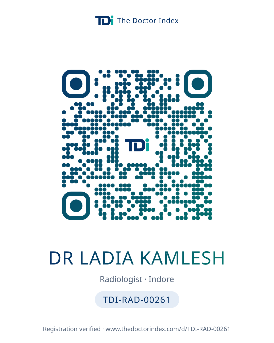 QR card for Dr Ladia Kamlesh, TDI-RAD-00261