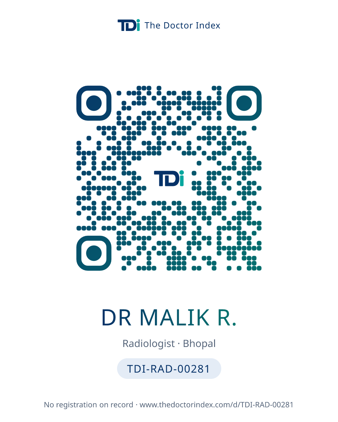 QR card for Dr Malik R., TDI-RAD-00281