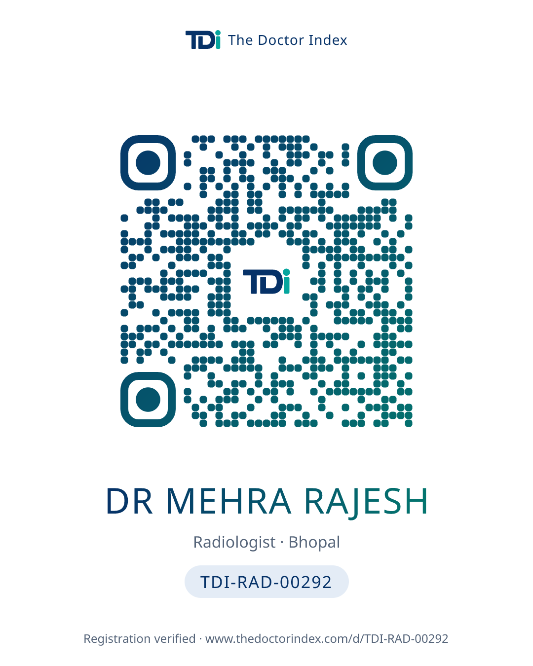 QR card for Dr Mehra Rajesh, TDI-RAD-00292