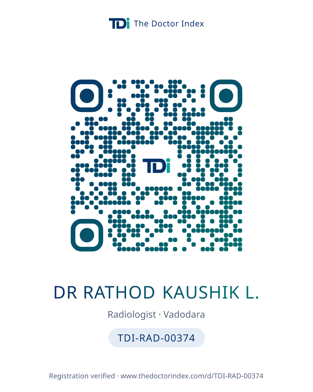 QR card for Dr Rathod Kaushik L., TDI-RAD-00374