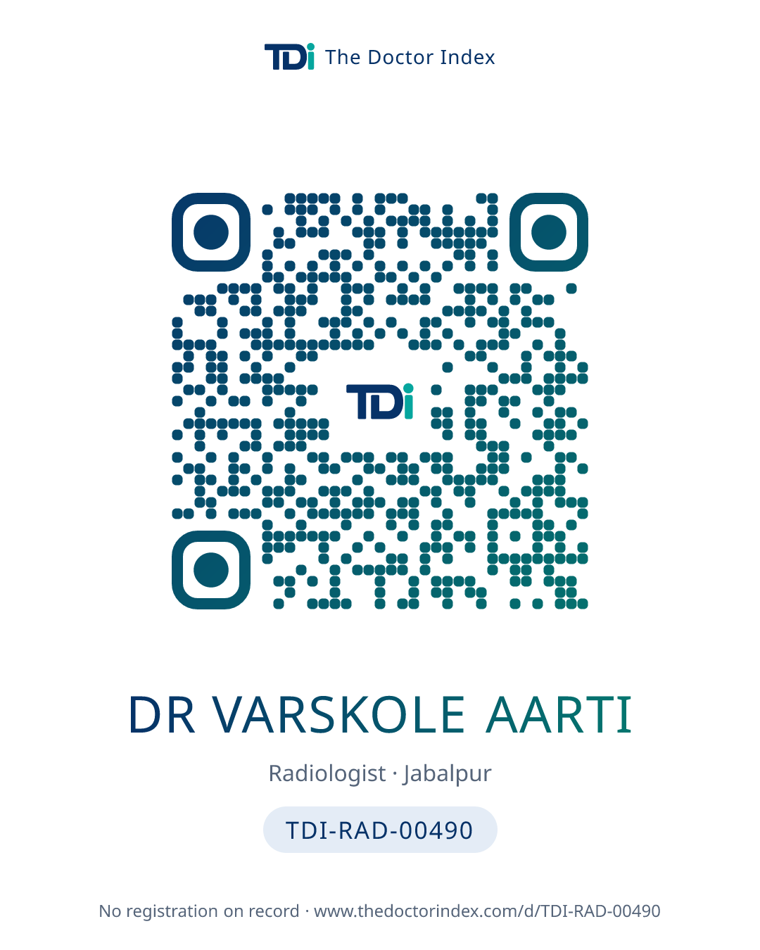 QR card for Dr Varskole Aarti, TDI-RAD-00490