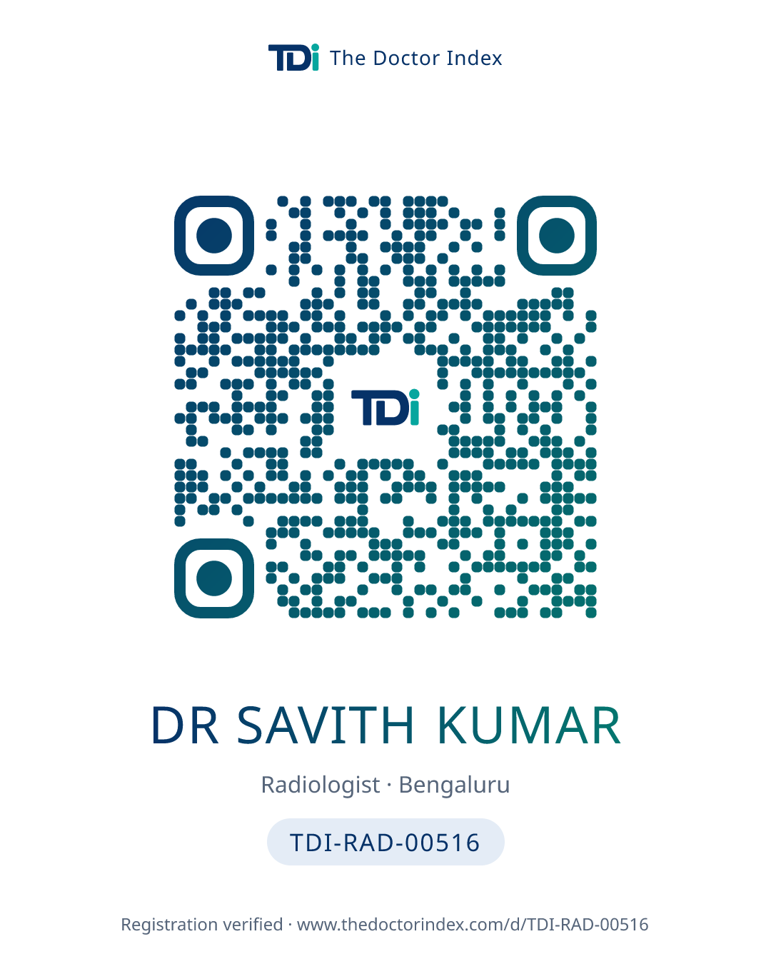 QR card for Dr Savith Kumar, TDI-RAD-00516