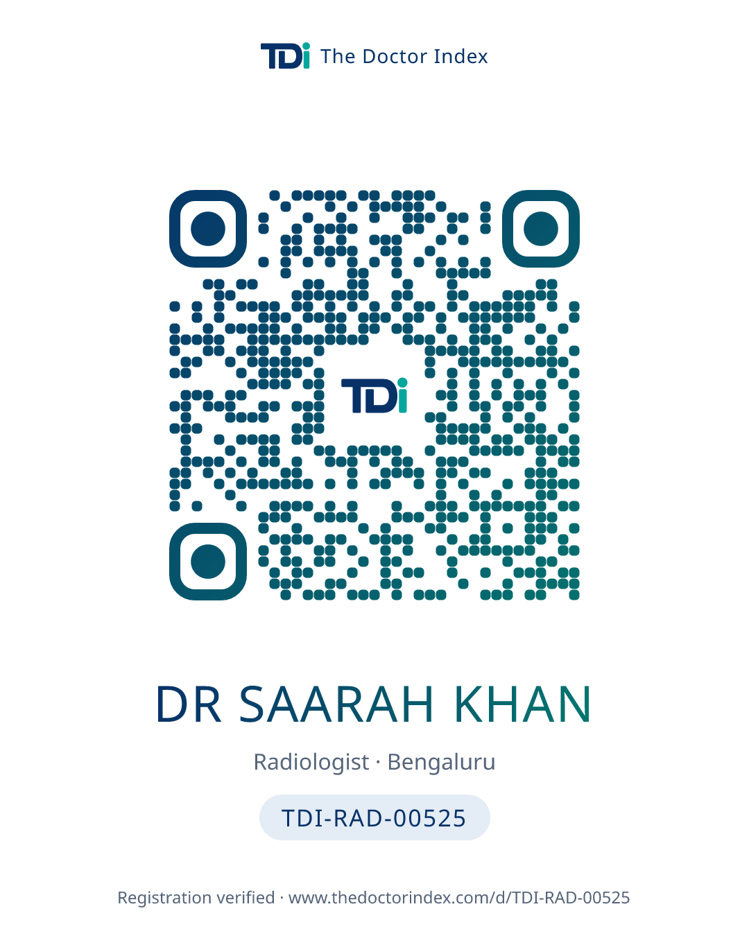 QR card for Dr Saarah Khan, TDI-RAD-00525