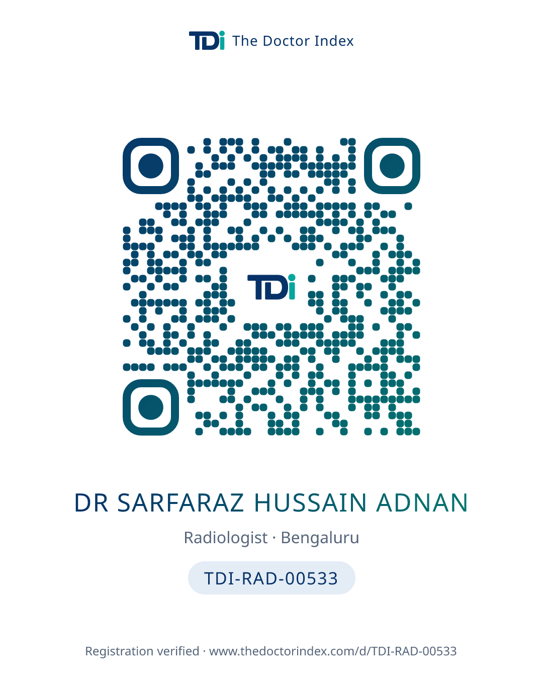 QR card for Dr Sarfaraz Hussain Adnan, TDI-RAD-00533